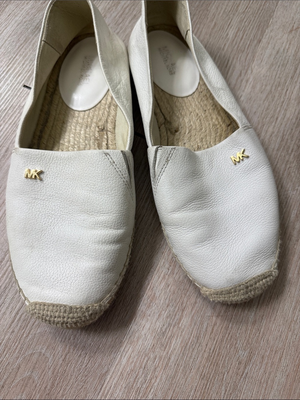 Michael Kors Cream Leather Espadrille Flats with Gold MK Accent
